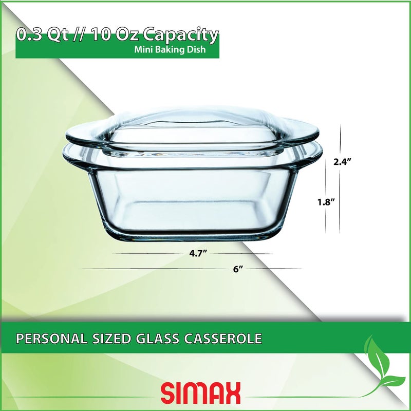 Simax Casserole Dish For Oven, 10 Ounce Mini Glass Baking Dish With Lid, Small, Personal Sized Bakeware and Cookware, Great for Storage, Microwave, Oven, And Dishwasher Safe Borosilicate Glass Dish - Image 1